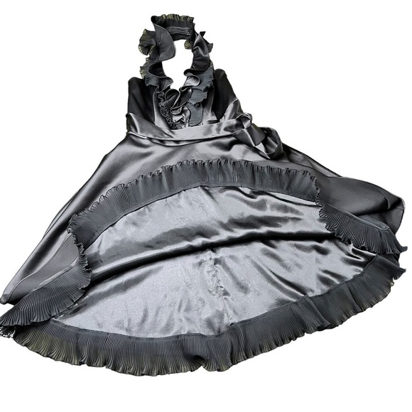 WHBM Black Satin Halter Ruffle Cocktail Dress With Pockets Size 4 - Picture 9 of 16